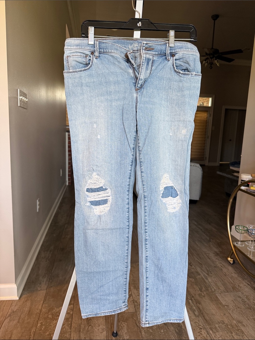 LOFT Light Blue Relaxed Straight Leg Jeans with Distressed Knees